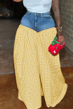 Yellow Casual Plaid Patchwork Loose Mid Waist Wide Leg Patchwork Bottoms