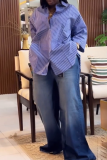 Blue Casual Stripe Buckle Shirt Collar Tops