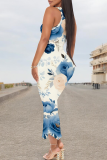 White Sexy Print V Neck Long Dresses