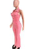 Pink Casual Solid Color Buckle Turndown Collar Sleeveless Regular Denim Jumpsuits