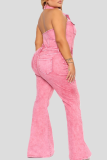 Pink Casual Solid Color Buckle Turndown Collar Sleeveless Regular Denim Jumpsuits