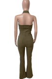 Pink Casual Solid Color Buckle Turndown Collar Sleeveless Regular Denim Jumpsuits
