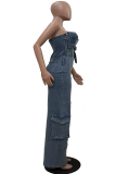 Blue Sexy Solid Color Pocket Strapless Loose Jumpsuits