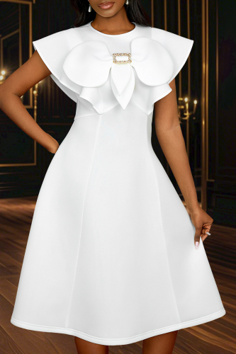 White Elegant Solid Color Bow Decor O Neck A Line Dresses