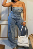 Blue Sexy Solid Color Pocket Strapless Loose Jumpsuits
