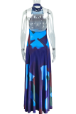 Blue Sexy Print Backless Turtleneck Printed Dresses