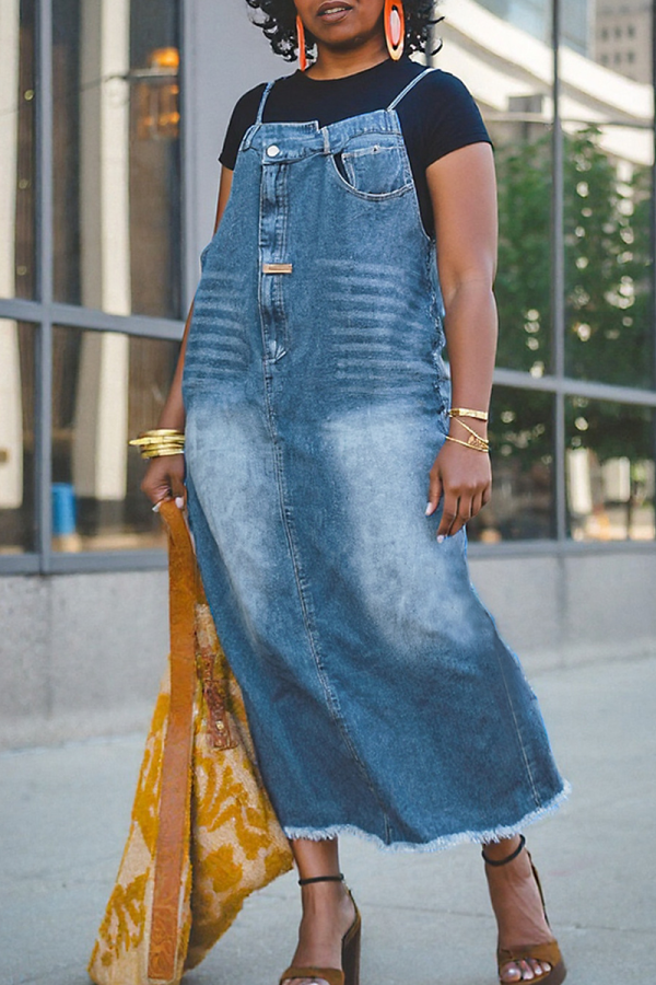 Blue Casual Solid Color Pocket Spaghetti Strap Sleeveless Loose Denim Dresses