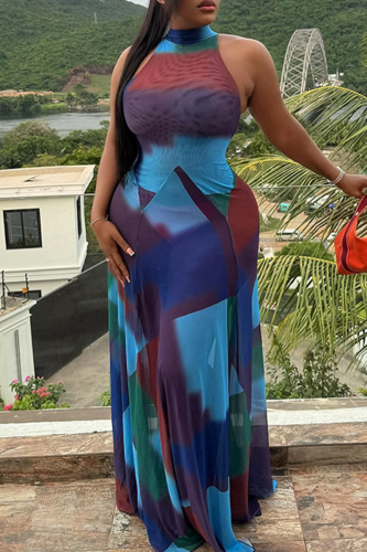 Blue Sexy Print Backless Turtleneck Printed Dresses