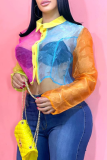 Multicolor Sexy See-Through Contrast Turndown Collar Tops