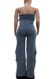 Blue Sexy Solid Color Pocket Strapless Loose Jumpsuits