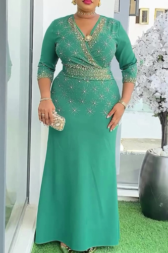 Green Elegant Solid Color Hot Drill Zipper V Neck Long Plus Size Dresses