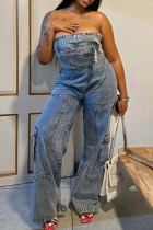 Blue Sexy Solid Color Pocket Strapless Loose Jumpsuits