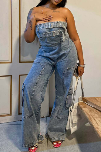 Blue Sexy Solid Color Pocket Strapless Loose Jumpsuits