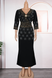 Green Elegant Solid Color Hot Drill Zipper V Neck Long Plus Size Dresses
