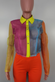 Multicolor Sexy See-Through Contrast Turndown Collar Tops