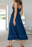 Deep Blue Sexy Solid Color Pocket Buckle Spaghetti Strap Sleeveless Loose Denim Dresses