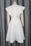 White Elegant Solid Color Bow Decor O Neck A Line Dresses