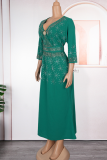 Green Elegant Solid Color Hot Drill Zipper V Neck Long Plus Size Dresses