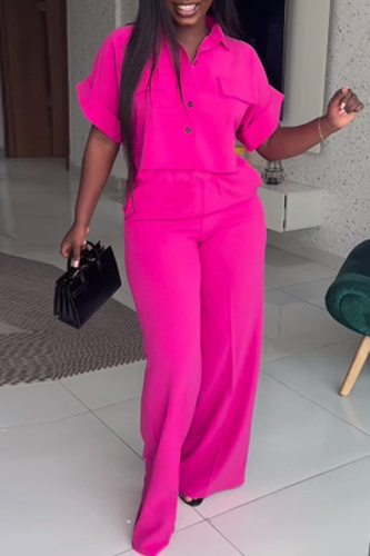 Deep Pink Casual Solid Color Buckle Turndown Collar Short Sleeve Two Pieces
