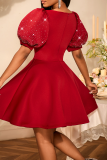 Burgundy Elegant Solid Color Beading O Neck Evening Dresses