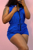 Blue Casual Solid Color Draw String Zipper Zipper Collar Regular Rompers