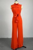 Green Casual Solid Color Pocket Strap Design Turndown Collar Loose Jumpsuits