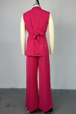 Rose Red Casual Solid Color Buckle With Belt O Neck Sleeveless Two Pieces