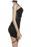 Black Sexy Solid Color Ruched Asymmetrical Collar Wrapped Skirt Dresses