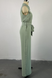 Green Casual Solid Color Pocket Strap Design Turndown Collar Loose Jumpsuits