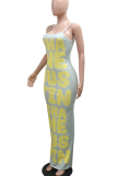 Green Sexy Casual Letters Spaghetti Strap Long Dresses