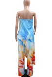 Blue Sexy Casual Print Backless Irregular Hem Strapless Sleeveless Two Pieces
