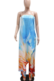 Blue Sexy Casual Print Backless Irregular Hem Strapless Sleeveless Two Pieces