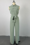Green Casual Solid Color Pocket Strap Design Turndown Collar Loose Jumpsuits