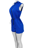 Black Casual Solid Color Draw String Zipper Zipper Collar Regular Rompers