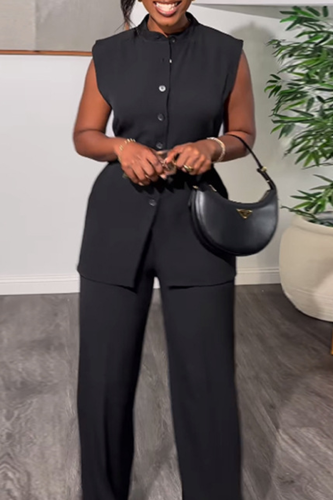 Black Casual Solid Color Buckle With Belt O Neck Sleeveless Two Pieces