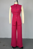Rose Red Casual Solid Color Buckle With Belt O Neck Sleeveless Two Pieces