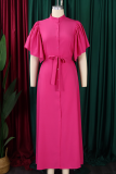 Deep Blue Casual Solid Color Buckle Strap Design O Neck Long Dresses