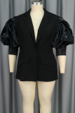 Black Casual Solid Color Buttons Turn-back Collar Tops