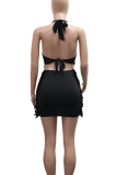 Black Sexy Print Backless Halter Wrapped Skirt Dresses