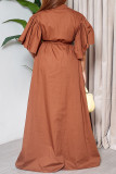 Deep Blue Casual Solid Color Buckle Strap Design O Neck Long Dresses