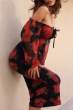 Black Elegant Print Off Shoulder Long Dresses