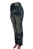 Deep Blue Casual Solid Color Ripped Mid Waist Skinny Denim Jeans
