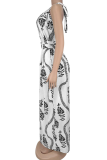 Black Casual Print Backless Halter Loose Jumpsuits