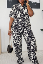 White Casual Print Buckle Turndown Collar Short Sleeve Two Pieces