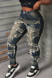 Deep Blue Casual Solid Color Ripped Mid Waist Skinny Denim Jeans