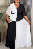 Green Elegant Contrast Flower Shape Deep V Neck Long Plus Size Dresses