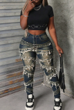 Deep Blue Casual Solid Color Ripped Mid Waist Skinny Denim Jeans