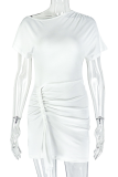 White Sexy Solid Color Ruched Oblique Collar Wrapped Skirt Dresses