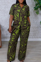 Green Casual Print Buckle Turndown Collar Short Sleeve Two Pieces