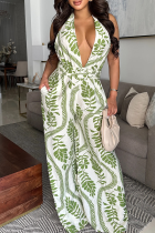Green Casual Print Backless Halter Loose Jumpsuits
